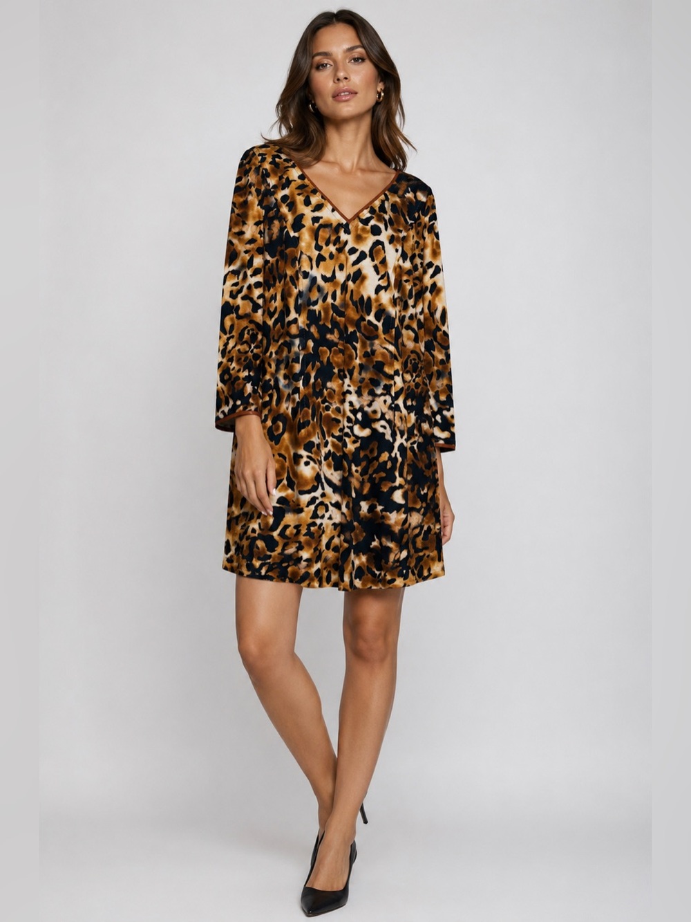 Escada Leopard Print Shift Dress Size 46 Long Sleeve Animal Print Designer